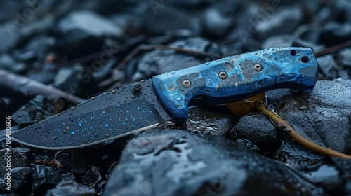   A knife atop a rock pile, nearby, a second rock pile drips with water and its ensuing droplets photo