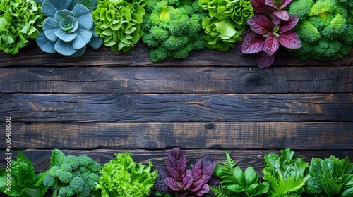   A wooden table is adorned with an array of vibrant flowers – mostly green and some purple – alongside broccoli and lettuce photo