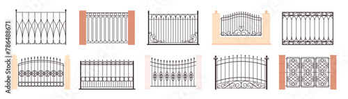 Decorative vintage fences. Ornamental metal gates and railings for balcony or terrace. Outdoor home and yard decor, racy vector collection