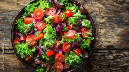  A bowl holds a fresh salad with tomatoes, lettuce, onions, and red onions on a weathered wooden table