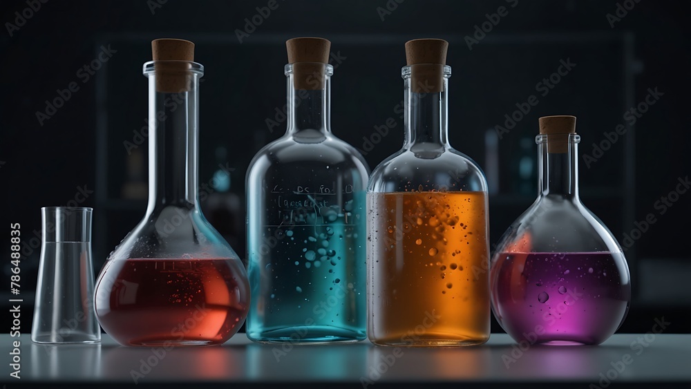 Laboratory Glassware and Equipment with Liquids for Science Experiments Laboratory Glassware and Equipment with Liquids for Science Experiments