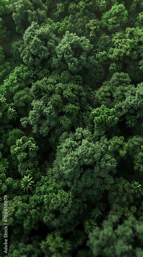 Imagine a lush green forest seen from an aerial top view, displaying the intricate texture of the ecosystem in hyper-realistic 3D render Create a hyper-maximalist scene with ultra-detailed elements in