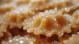   A tight shot of various foods with water droplets atop each piece