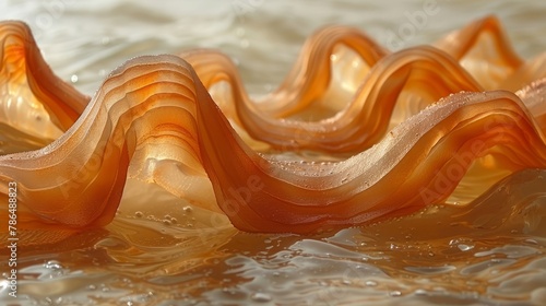  A tight shot of an undulating orange object submerged in water, with water beads clinging to its base and the upper half of the wavy form positioned centrally