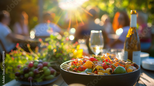 Sunlit Outdoor Dinner Party: Freshly Grilled or fresh 
Vegetables on Wooden Table photo