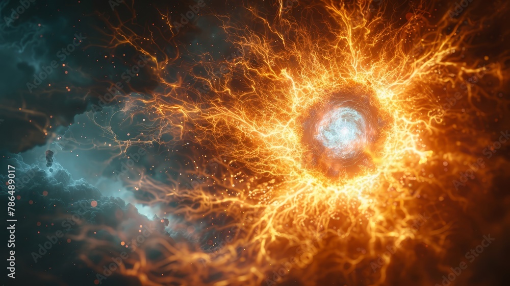 A tight shot of a fireball encircled by fiery clouds and blue light in vast emptiness A tight shot of a fireball encircled by fiery clouds and blue light in vast emptiness