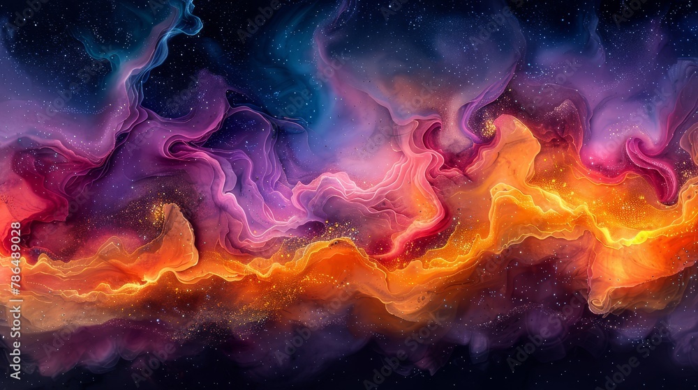 A dark backdrop bears swirling oranges, pinks, and purples, adorned with starlit skies A dark backdrop bears swirling oranges, pinks, and purples, adorned with starlit skies