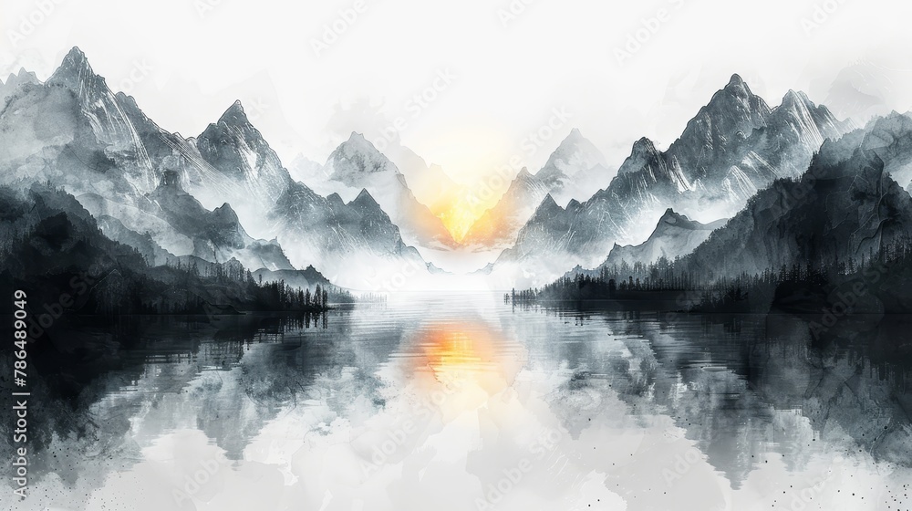   A monochrome image of mountain ranges, a lake in the foreground, and the sun behind