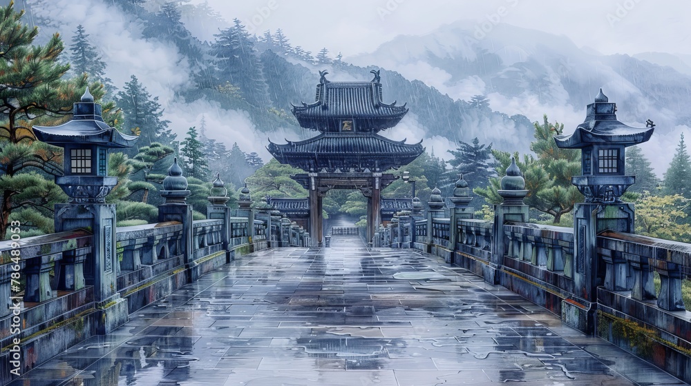   A rain-soaked walkway leads to a pagoda amidst a forest, with mountains in the background