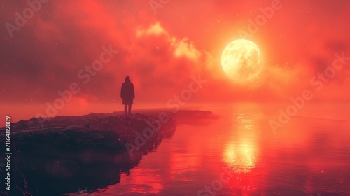  Person atop cliff, gazing at full moon over body of water