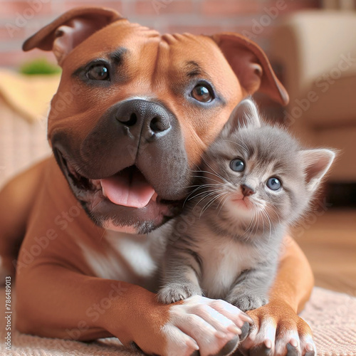 Cute little kitten and American staffordshire terrier together at home