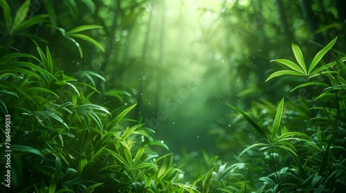  A verdant forest teems with numerous leafy plants beneath a canopy of trees, their tops bathed in radiant light