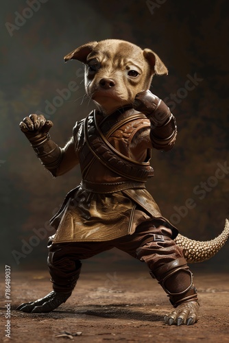 In digital photorealistic rendering, showcase an anthropomorphic puppy in intricate leather dinosaur attire executing martial arts stances Crafted in 8K resolution with high attention to detail, style