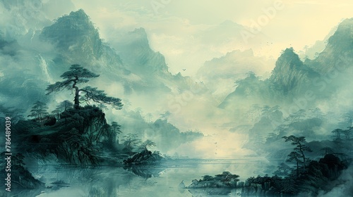   A mountain landscape painting with a foreground lake and a centrally positioned tree photo