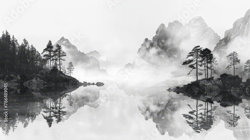   A monochrome image of mountaineous terrain with a lake in front and tree-covered backdrop © Jevjenijs