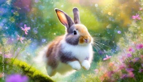 A fluffy, bouncing cute rabbit gives a sense of realism and a gentle fairy-tale impression, creating a background that maximizes the visual effect. © Hiyoko maru