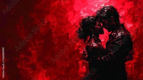  A man and woman embrace, lips meeting in a passionate kiss, against a deep red backdrop Behind them, a single red light casts an intense glow