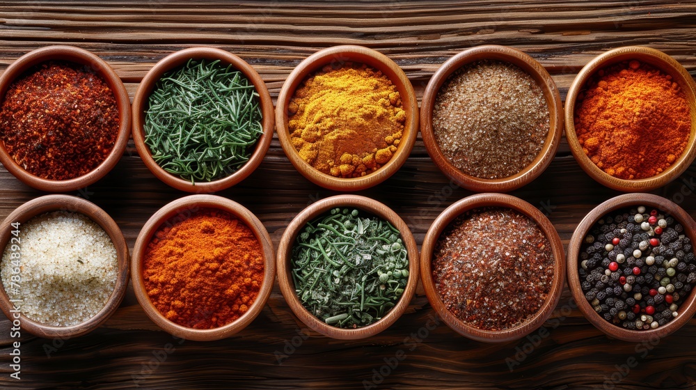   A row of bowls, each holding various spices, sits atop a weathered wooden table Nearby rests a wooden spoon