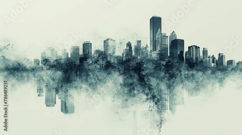   A monochrome image of a city skyline with considerable smoke rising from its tallest structures photo