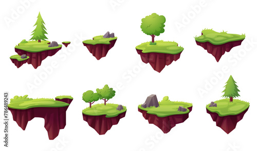 Flying game islands. Different grounds with stones, rocks and tree floating in air. Empty nature island for arcade games levels, nowaday cartoon vector set