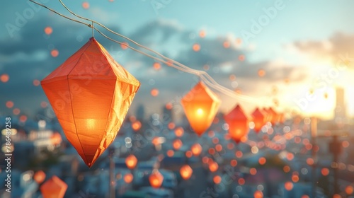   Orange lanterns strung in front of a citysunset backdrop..Or, for a more detailed description: A collection of orange lanterns dangles from photo