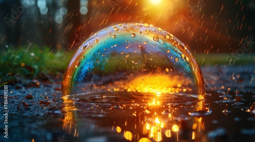  A tight shot of a water ball on a slick surface, sun rays filtering through the tree canopy behind