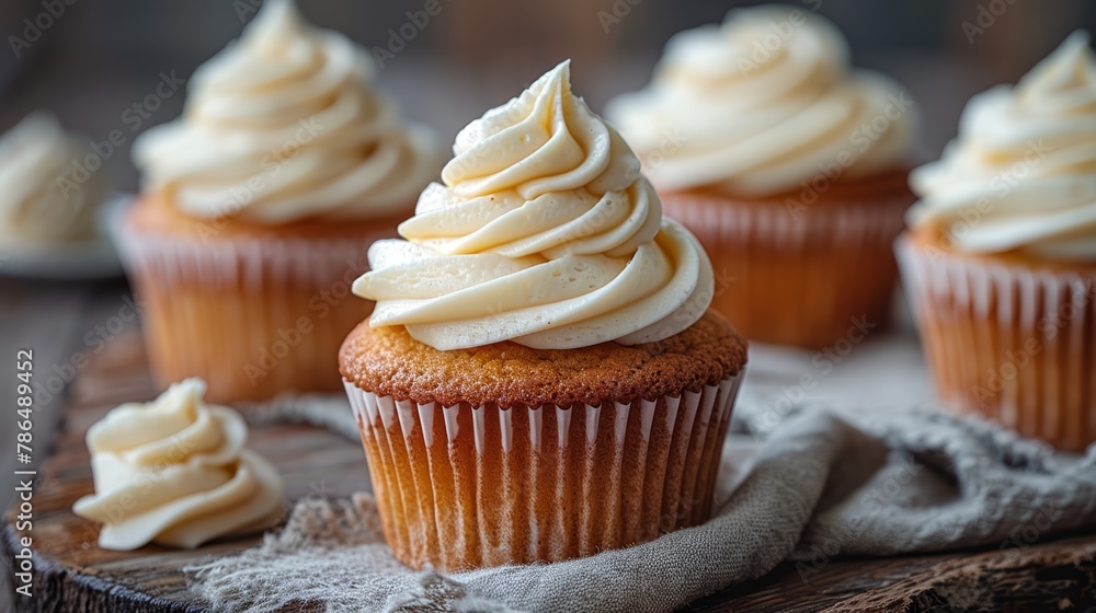 A tight shot of a cupcake with white frosting atop a weathered wooden board Other cupcakes rest in the background A tight shot of a cupcake with white frosting atop a weathered wooden board Other cupcakes rest in the background