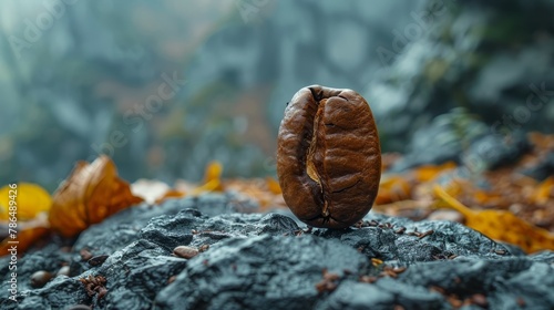   A tight shot of a morsel of food atop a rocky outcropping Surrounding greenery is depicted by leaves strewn across the ground, while an evoc photo