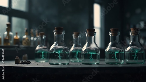 Laboratory Glassware and Equipment with Liquids for Science Experiments photo