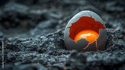  A cracked eggshell revealing an orange yolked egg on a bed of black and white pebbles