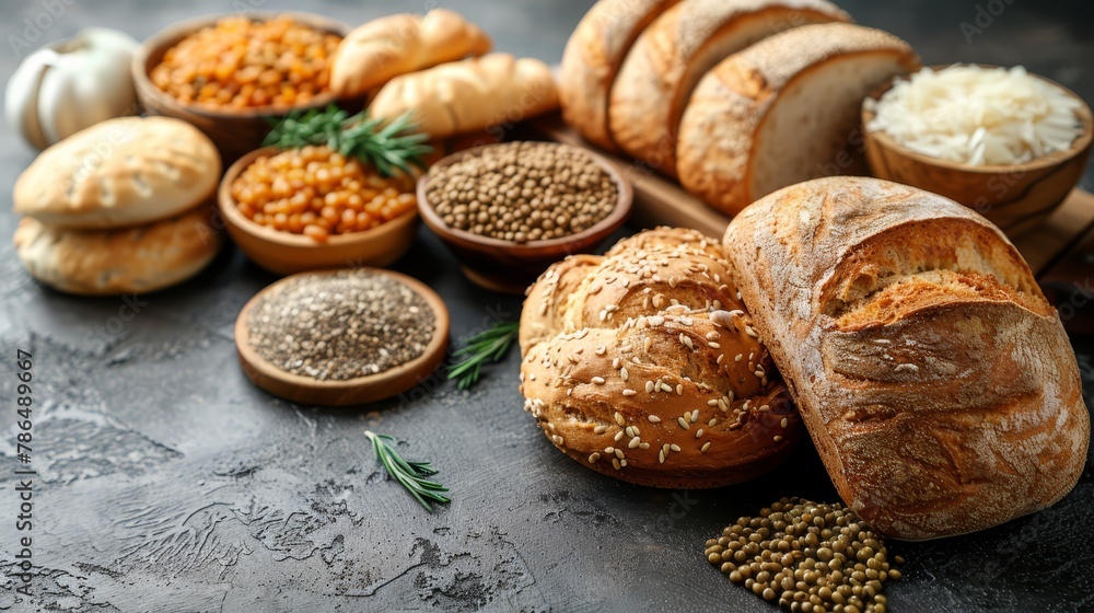 A selection of breads, grains, and other foods is artfully arranged on a dark surface, accompanied by a wooden spoon A selection of breads, grains, and other foods is artfully arranged on a dark surface, accompanied by a wooden spoon