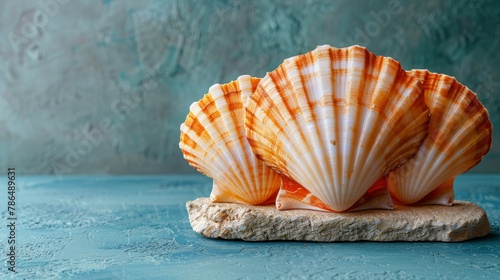  A tight shot of a seashell atop a rock, against a backdrop of a tranquil blue surface, and a distant wall