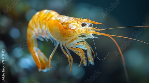  A tight shot of a yellow shrimp with elongated legs and body, set against a backdrop of softly blurred water