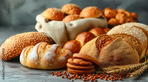  A selection of breads and pastries arranged on a gray surface, featuring a cloth bag in the image's center