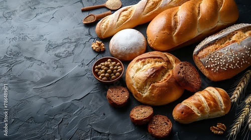  A selection of breads and pastries on a black backdrop A spoon and a small bowl of nuts are present