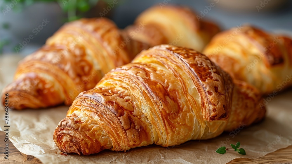   A collection of croissants rests atop a waxed paper sheet positioned on a wooden table