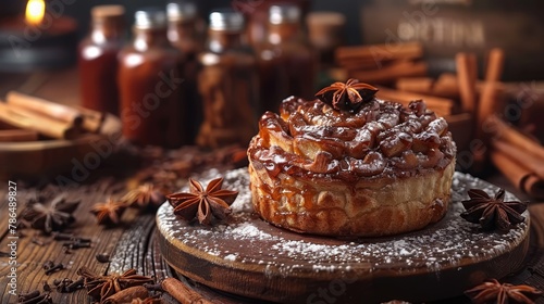   A pastry rests atop a wood cutting board  dusted with powdered sugar  and adorned with star anise and cinnamon