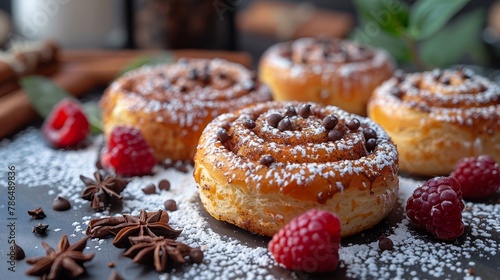  A couple of doughnuts atop a powdered-sugar-covered table, dotted with raspberries