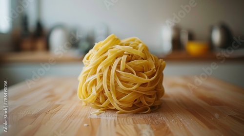  A wooden table holds a pile of spaghetti, a knife, and a bowl of food