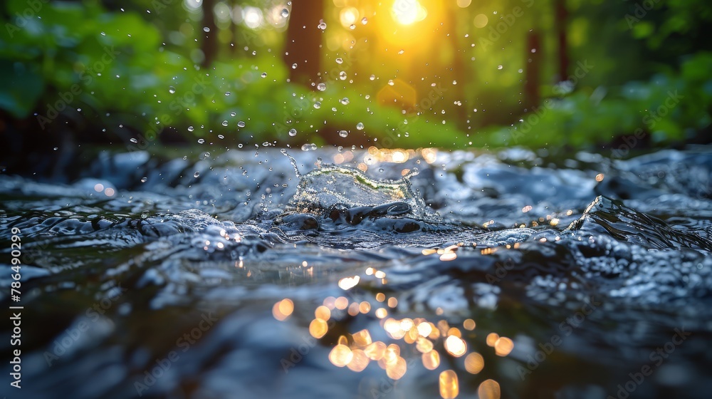 A tight shot of a sunlit stream with trees in the foreground and a brilliant sun as backdrop A tight shot of a sunlit stream with trees in the foreground and a brilliant sun as backdrop