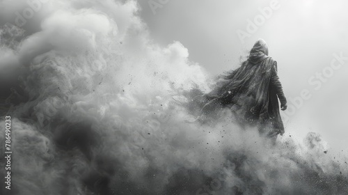 A black-and-white image of a man atop a mountain, encircled by clouds of smoke and fog