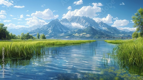  A painting of a mountain with a blue sky and clouds behind, a lake and green grass in the foreground