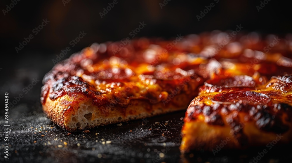 A tight shot of a pepperoni pizza on a table, with one slice removed, revealing the remaining