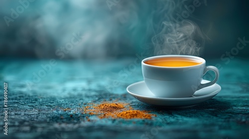  A cup of tea atop a saucer, nearby lies a mound of powdered orange peels