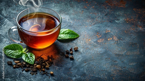   A steaming cup of tea, aromatics of green leaves and spices nearby, against a darkened surface photo