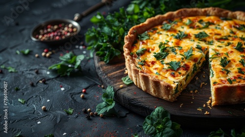  A cheesy quiche, sliced on a cutting board, surrounded by fresh greens and spices