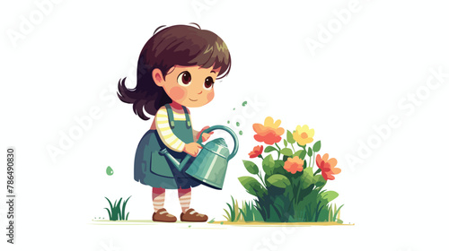 The girl stands confusedly and looks at a watering can