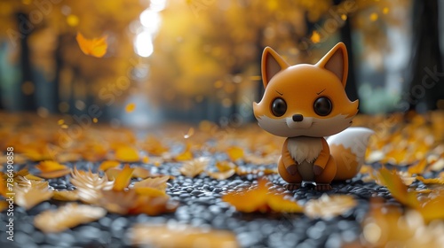   A small fox figurine sits amidst a forest of yellow and orange leaves