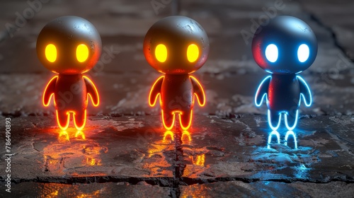  Three toy figurines, all featuring glowing eyes and bodies, stand together on a wet surface