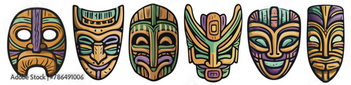 Vibrant and detailed vector illustration set of a colorful tiki mask. Showcasing intricate tribal and traditional polynesian design and craftsmanship. Mythology and folklore